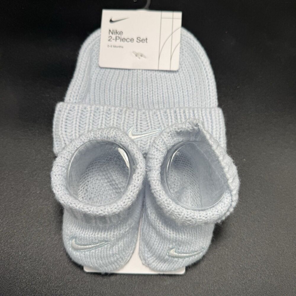 New Nike 2 Piece Set Beanie Booties Set 0-6 Months Blue Knit Pull On